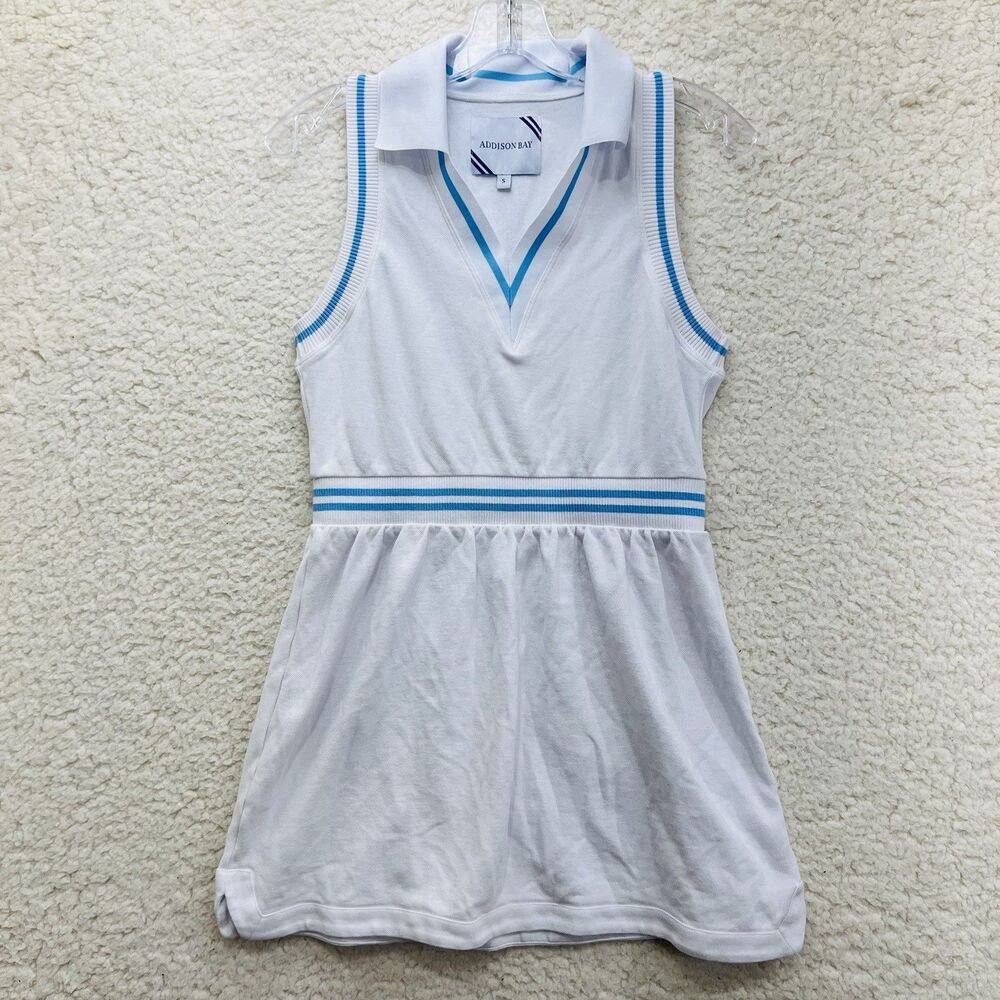 Addison Bay Sleeveless Tennis Dress White Blue Trim Athletic Polo Style Size S